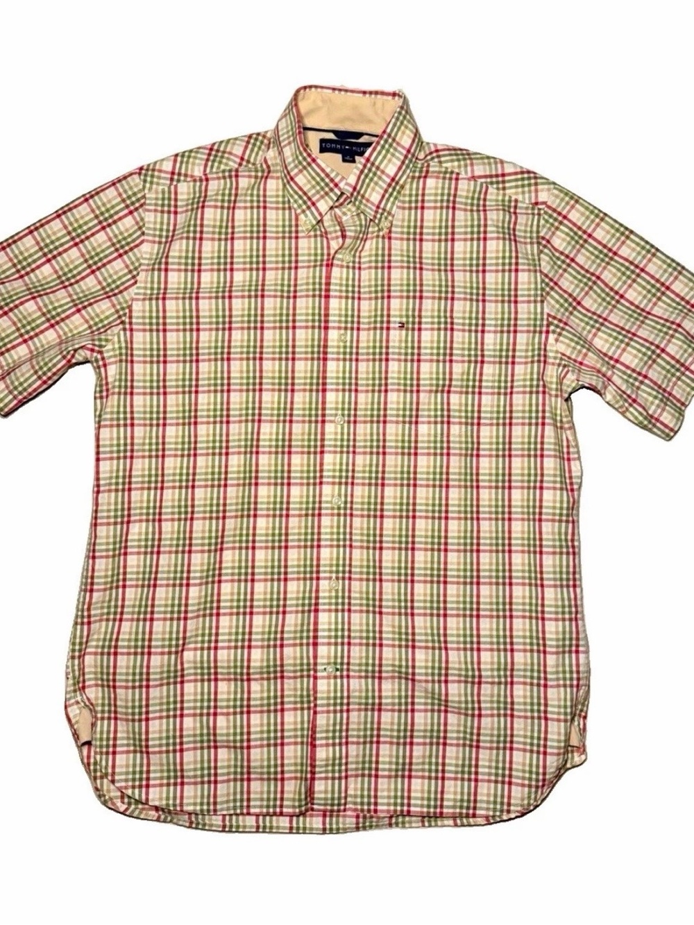 Tommy Hilfiger Red and Green Plaid Short-Sleeve Button-Down Shirt